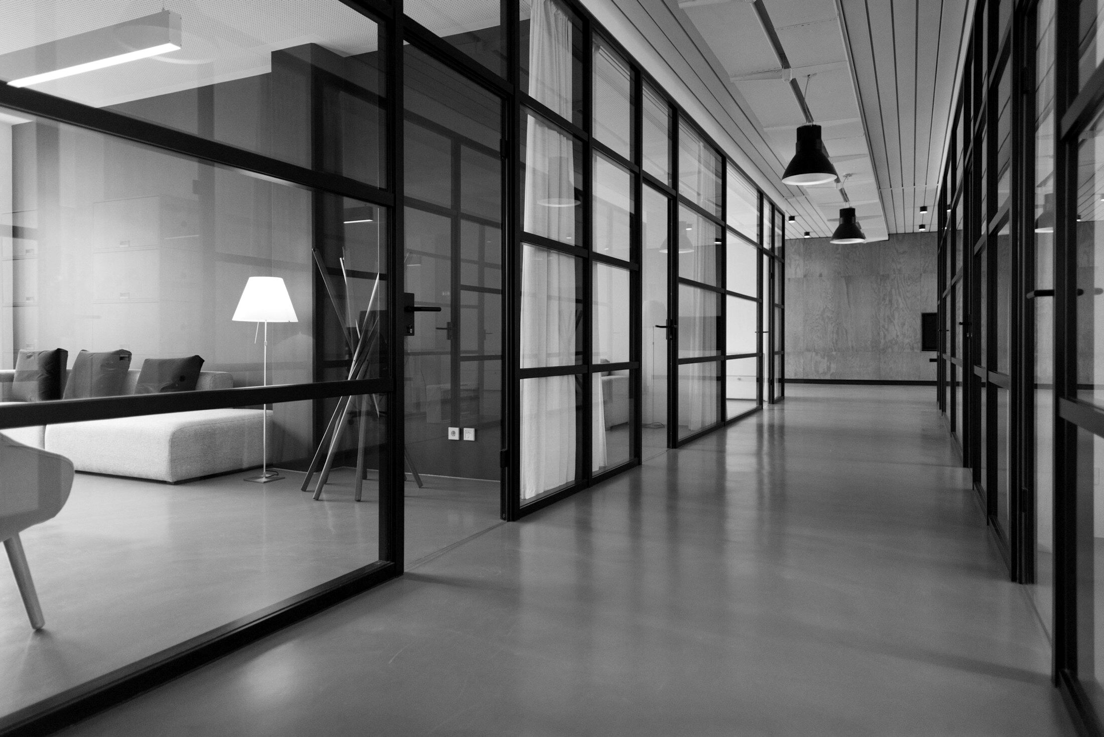 View through an office with glass walls